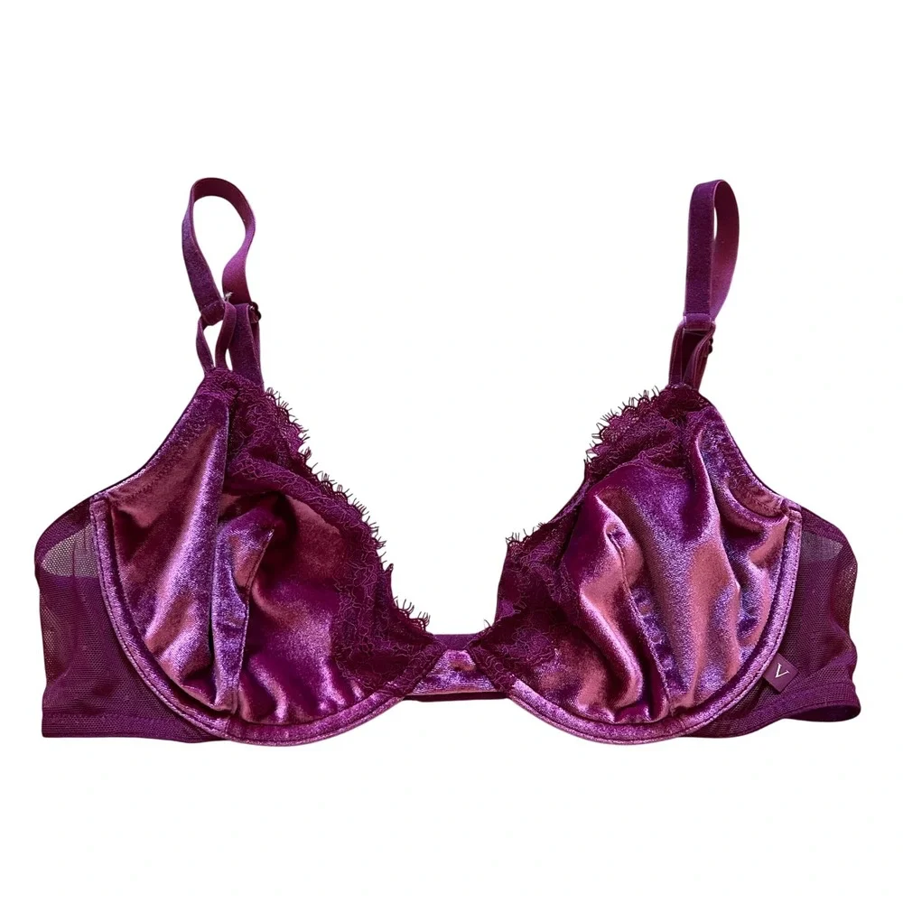 Victoria's Secret Plum Purple Velvet Eyelash Lace Unlined Demi Bra 36C 5229